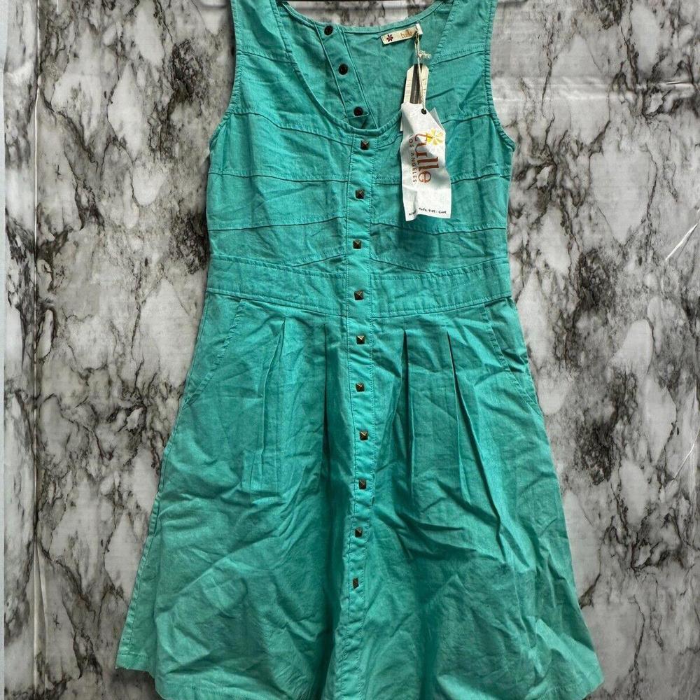 Tulle Aqua linen Blend‎  sleeveless Midi pockets Dress Size S